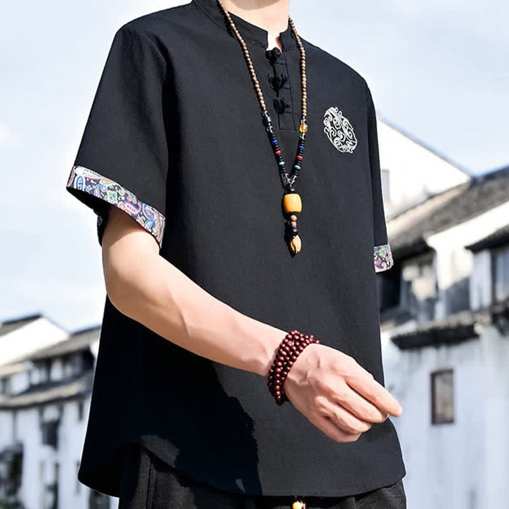 Buddha Stones Camicia da uomo a maniche corte, stile estivo Tang, casual, con bottoni a forma di rana e ricamo. - image 11