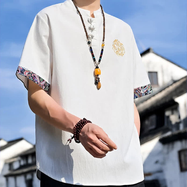 Buddha Stones Camicia da uomo a maniche corte, stile estivo Tang, casual, con bottoni a forma di rana e ricamo. - image 31