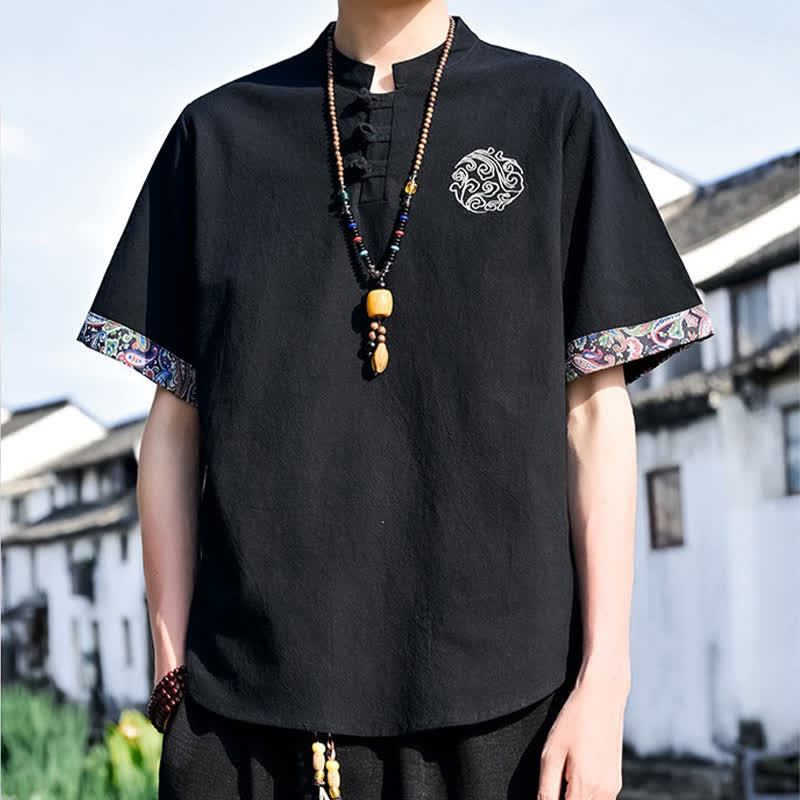 Buddha Stones Camicia da uomo a maniche corte, stile estivo Tang, casual, con bottoni a forma di rana e ricamo. - image 9