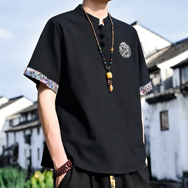 Buddha Stones Camicia da uomo a maniche corte, stile estivo Tang, casual, con bottoni a forma di rana e ricamo. - image 8