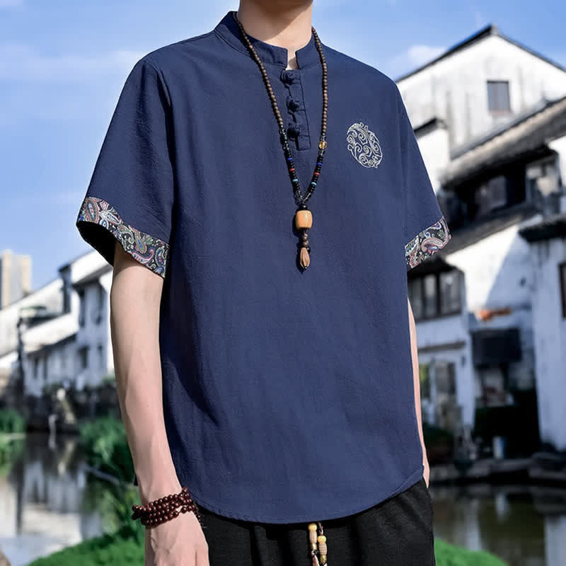 Buddha Stones Camicia da uomo a maniche corte, stile estivo Tang, casual, con bottoni a forma di rana e ricamo. - image 17