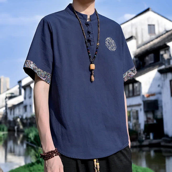 Buddha Stones Camicia da uomo a maniche corte, stile estivo Tang, casual, con bottoni a forma di rana e ricamo. - image 17