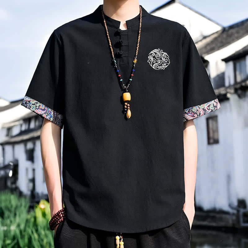 Buddha Stones Camicia da uomo a maniche corte, stile estivo Tang, casual, con bottoni a forma di rana e ricamo. - image 12