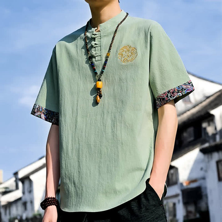Buddha Stones Camicia da uomo a maniche corte, stile estivo Tang, casual, con bottoni a forma di rana e ricamo. - image 26