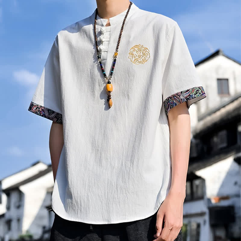 Buddha Stones Camicia da uomo a maniche corte, stile estivo Tang, casual, con bottoni a forma di rana e ricamo. - image 28