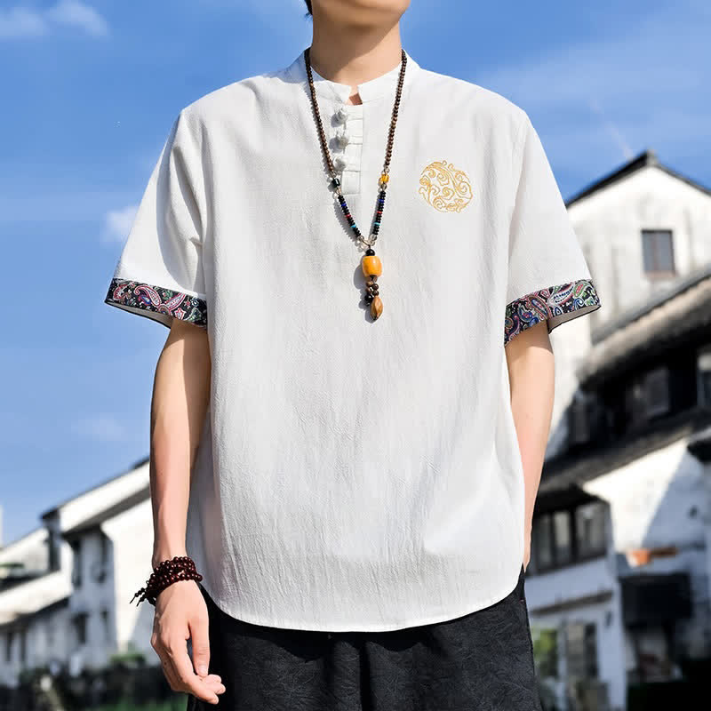 Buddha Stones Camicia da uomo a maniche corte, stile estivo Tang, casual, con bottoni a forma di rana e ricamo. - Bianco - US/UK/AU46, EU56 (5XL) - image 27