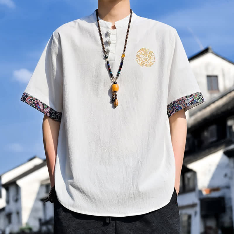 Buddha Stones Camicia da uomo a maniche corte, stile estivo Tang, casual, con bottoni a forma di rana e ricamo. - image 33