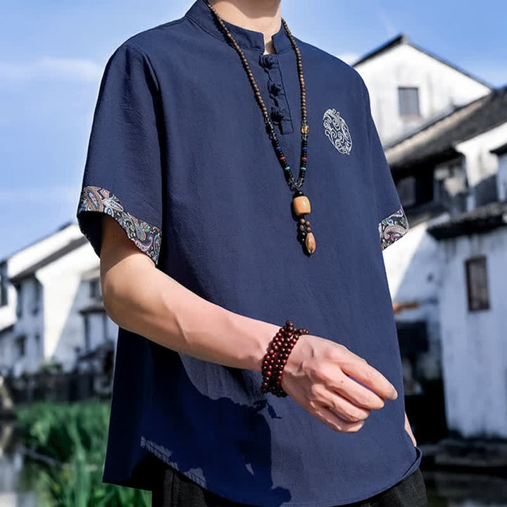 Buddha Stones Camicia da uomo a maniche corte, stile estivo Tang, casual, con bottoni a forma di rana e ricamo. - image 18