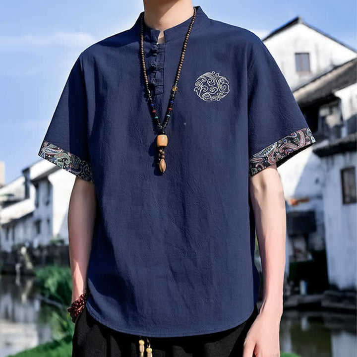 Buddha Stones Camicia da uomo a maniche corte, stile estivo Tang, casual, con bottoni a forma di rana e ricamo. - image 15