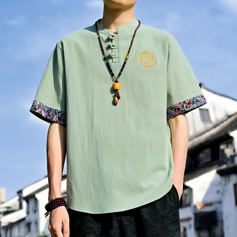 Buddha Stones Camicia da uomo a maniche corte, stile estivo Tang, casual, con bottoni a forma di rana e ricamo. - Verde chiaro - US/UK/AU46, EU56 (5XL) - image 20