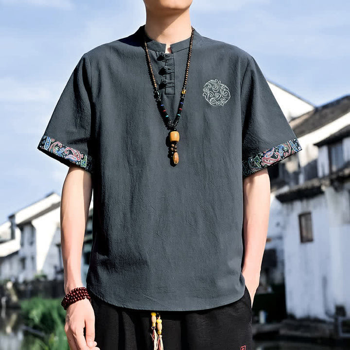 Buddha Stones Camicia da uomo a maniche corte, stile estivo Tang, casual, con bottoni a forma di rana e ricamo. - Nero - US/UK/AU46, EU56 (5XL) - image 0