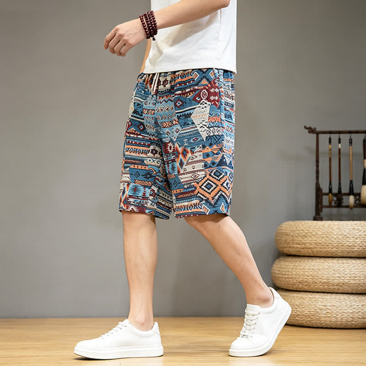 Pantaloncini da uomo estivi casual boho con coulisse e motivo geometrico a Buddha Stones, con tasche. - image 4