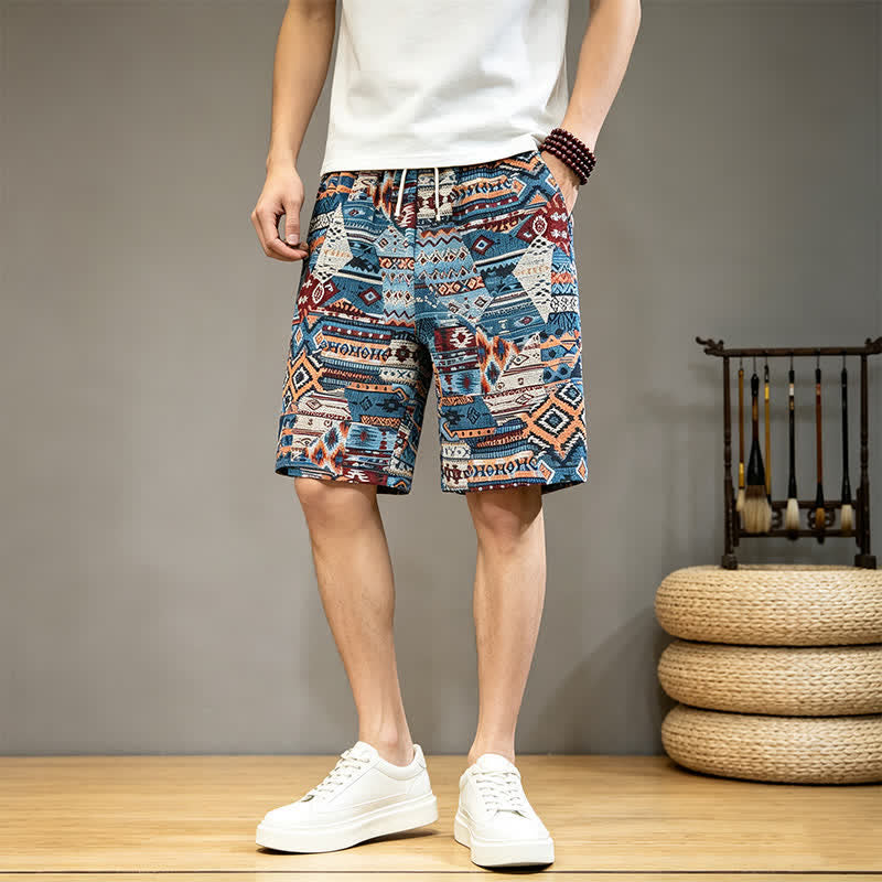 Pantaloncini da uomo estivi casual boho con coulisse e motivo geometrico a Buddha Stones, con tasche. - image 3