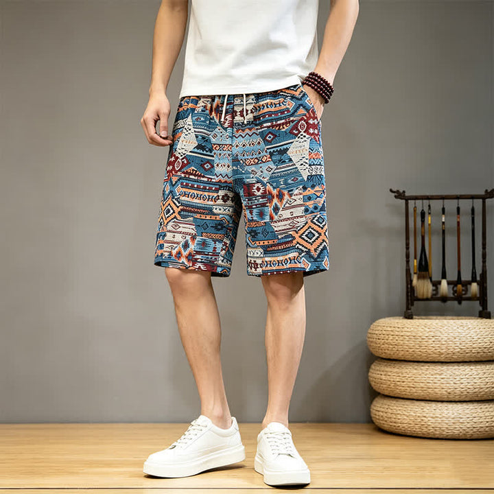 Pantaloncini da uomo estivi casual boho con coulisse e motivo geometrico a Buddha Stones, con tasche. - image 3