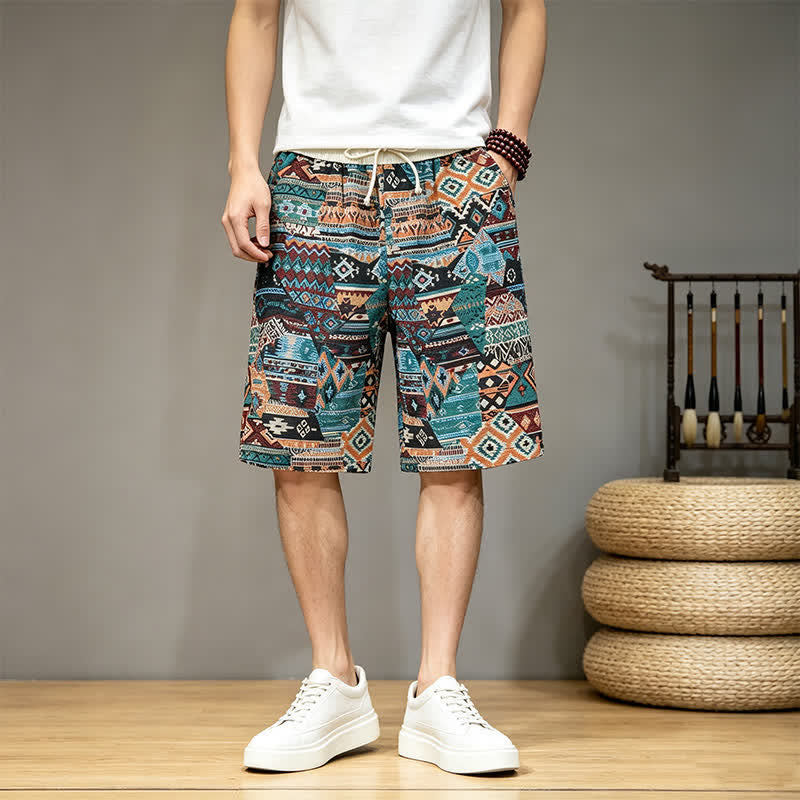 Pantaloncini da uomo estivi casual boho con coulisse e motivo geometrico a Buddha Stones, con tasche. - image 13