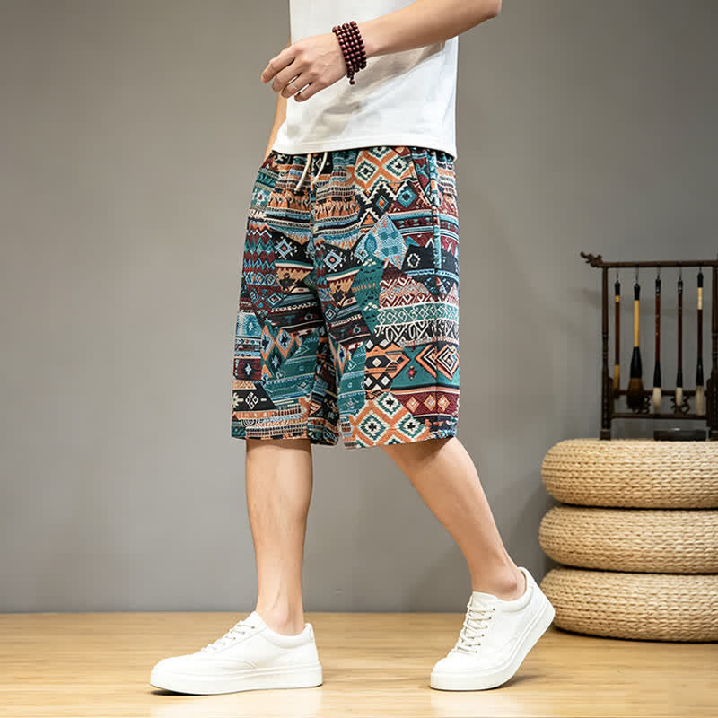 Pantaloncini da uomo estivi casual boho con coulisse e motivo geometrico a Buddha Stones, con tasche. - image 14