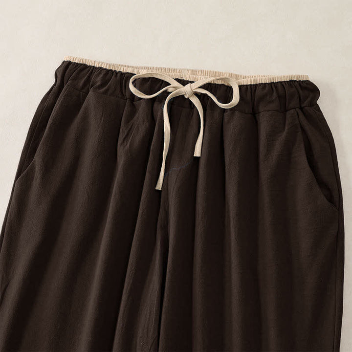 Buddha Stones Pantaloni da donna in cotone e lino con elastico in vita e tasche, con motivo a contrasto minimale. - image 13