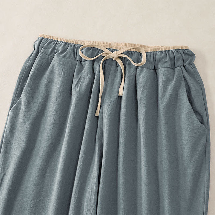 Buddha Stones Pantaloni da donna in cotone e lino con elastico in vita e tasche, con motivo a contrasto minimale. - image 1
