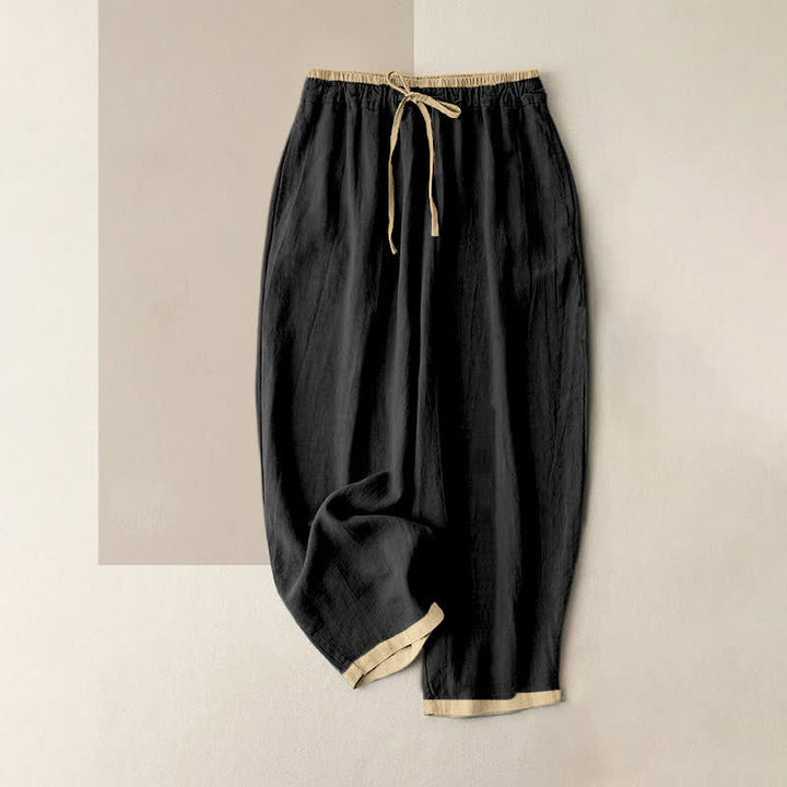 Buddha Stones Pantaloni da donna in cotone e lino con elastico in vita e tasche, con motivo a contrasto minimale. - Nero - US16, UK/AU20, EU48 (3XL) - image 6