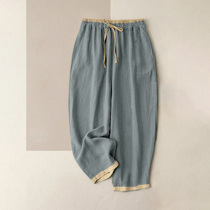 Buddha Stones Pantaloni da donna in cotone e lino con elastico in vita e tasche, con motivo a contrasto minimale. - Blu acciaio chiaro - US16, UK/AU20, EU48 (3XL) - image 0