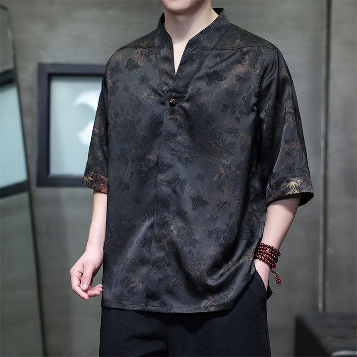 Buddha Stones Camicia da uomo a maniche corte, stile Tang, casual, con colletto alla coreana e motivo a farfalla in bambù, ideale per primavera/estate. - Siena - US/UK/AU46, EU56 (5XL) - image 0