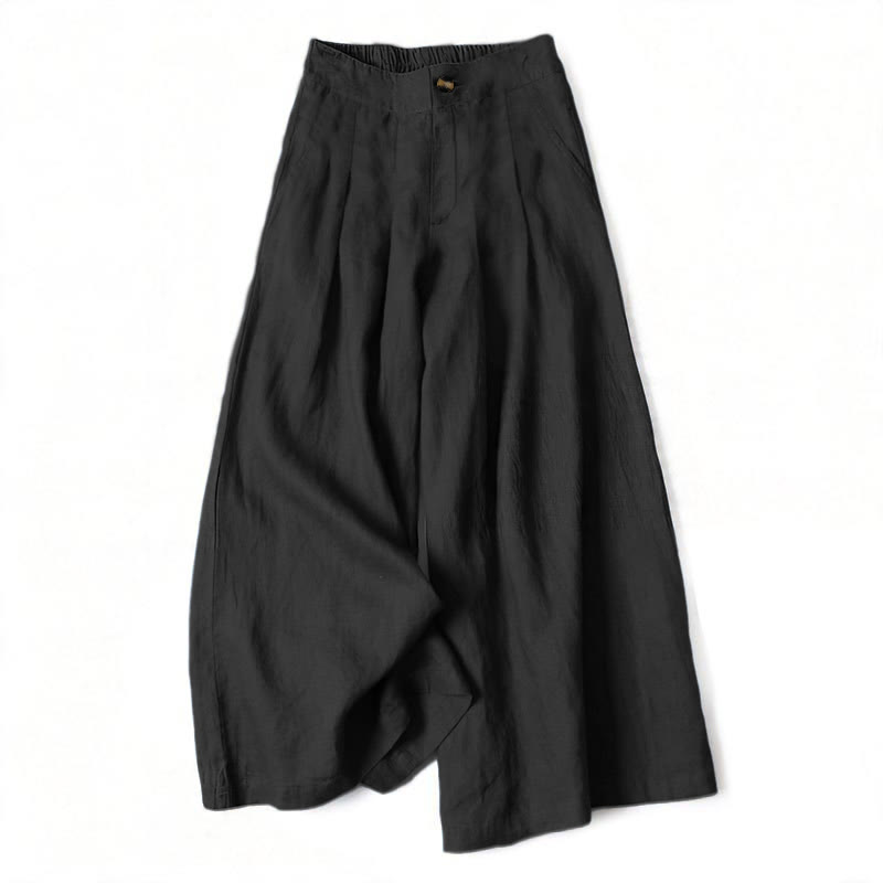 Buddha Stones Pantaloni lunghi estivi eleganti da donna in cotone e lino, tinta unita, con elastico in vita, bottoni e cerniera, gamba larga e tasche. - Nero - US16, UK/AU20, EU48 (3XL) - image 10