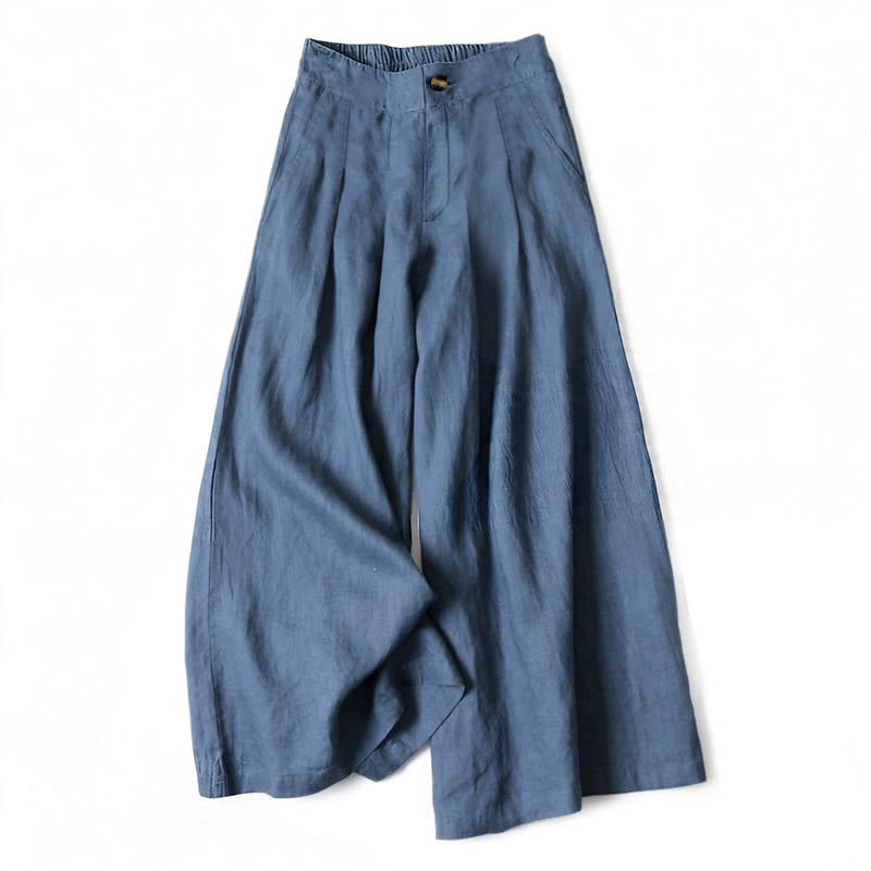 Buddha Stones Pantaloni lunghi estivi eleganti da donna in cotone e lino, tinta unita, con elastico in vita, bottoni e cerniera, gamba larga e tasche. - SteelBlue - US16, UK/AU20, EU48 (3XL) - image 0