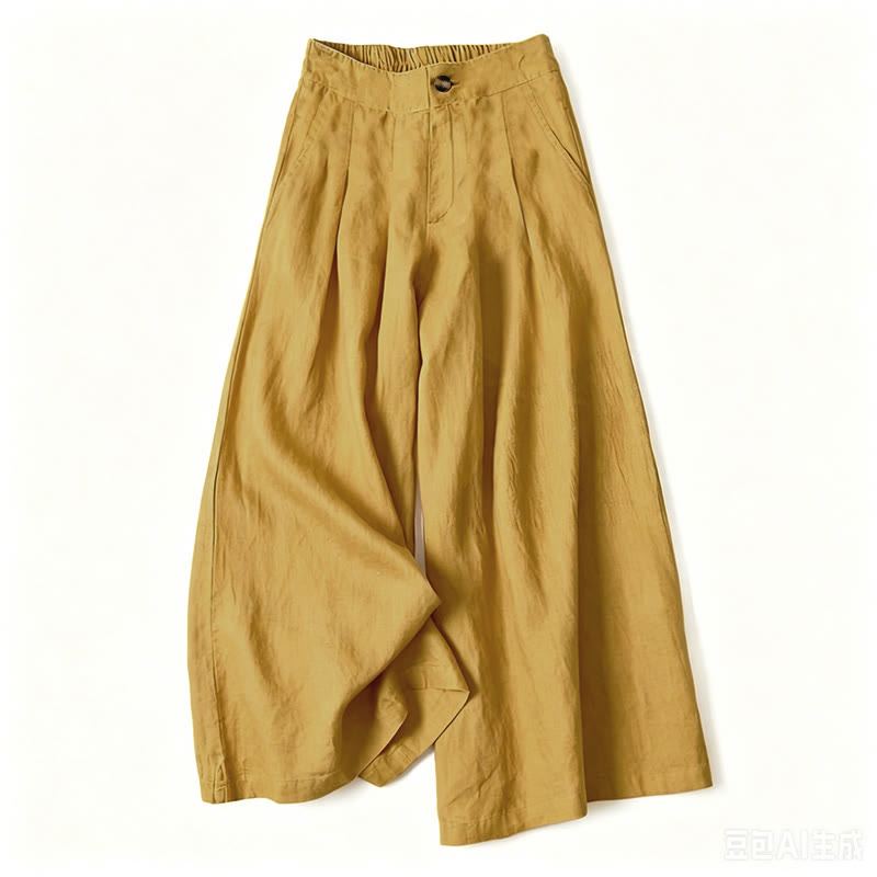 Buddha Stones Pantaloni lunghi estivi eleganti da donna in cotone e lino, tinta unita, con elastico in vita, bottoni e cerniera, gamba larga e tasche. - Giallo - US16, UK/AU20, EU48 (3XL) - image 9