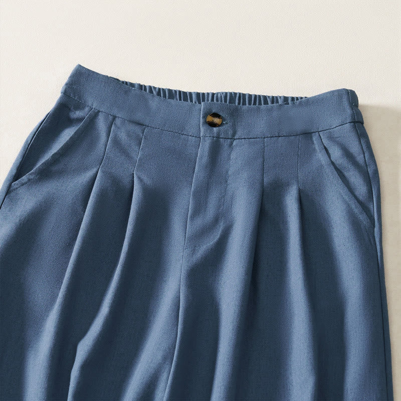 Buddha Stones Pantaloni lunghi estivi eleganti da donna in cotone e lino, tinta unita, con elastico in vita, bottoni e cerniera, gamba larga e tasche. - image 1