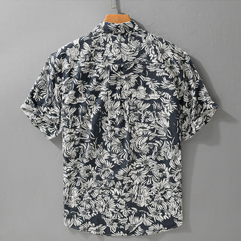 Buddha Stones Camicia da uomo estiva casual a maniche corte con stampa floreale di girasoli e taschino applicato, con bottoni. - image 1