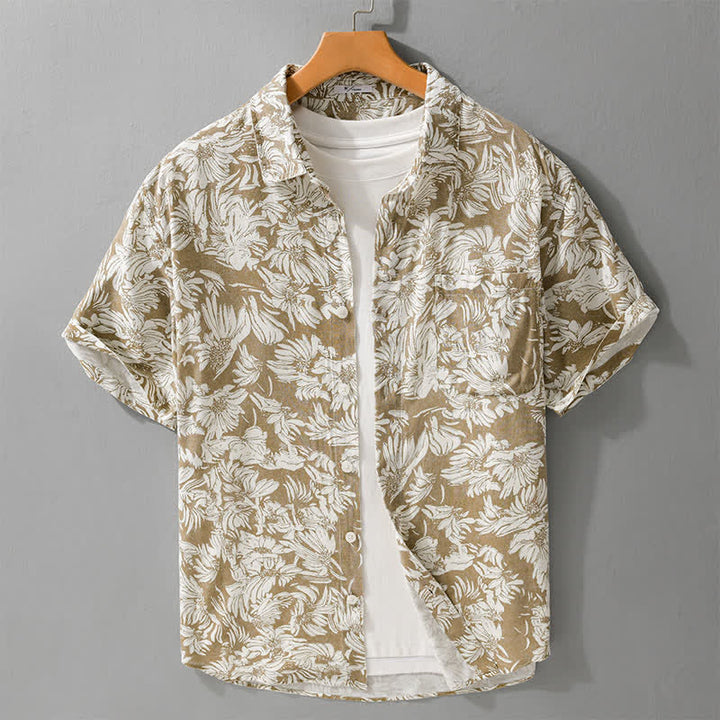 Buddha Stones Camicia da uomo estiva casual a maniche corte con stampa floreale di girasoli e taschino applicato, con bottoni. - Cachi scuro - US/UK/AU44，EU54 (3XL) - image 6