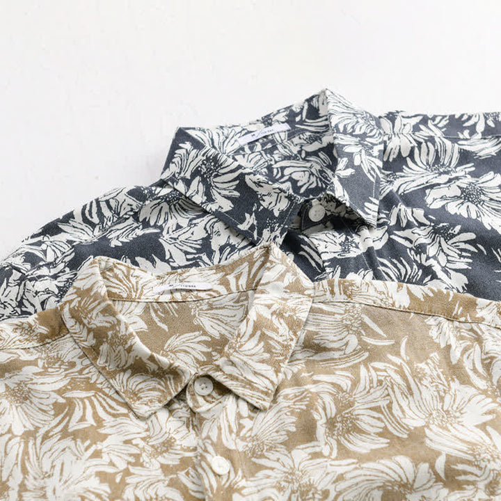 Buddha Stones Camicia da uomo estiva casual a maniche corte con stampa floreale di girasoli e taschino applicato, con bottoni. - image 13