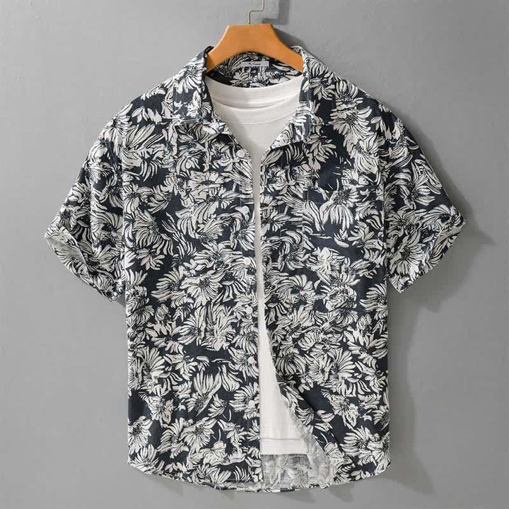 Buddha Stones Camicia da uomo estiva casual a maniche corte con stampa floreale di girasoli e taschino applicato, con bottoni. - SteelBlue - US/UK/AU44，EU54 (3XL) - image 0