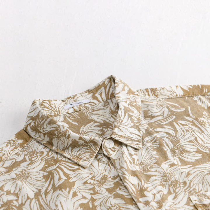 Buddha Stones Camicia da uomo estiva casual a maniche corte con stampa floreale di girasoli e taschino applicato, con bottoni. - image 7