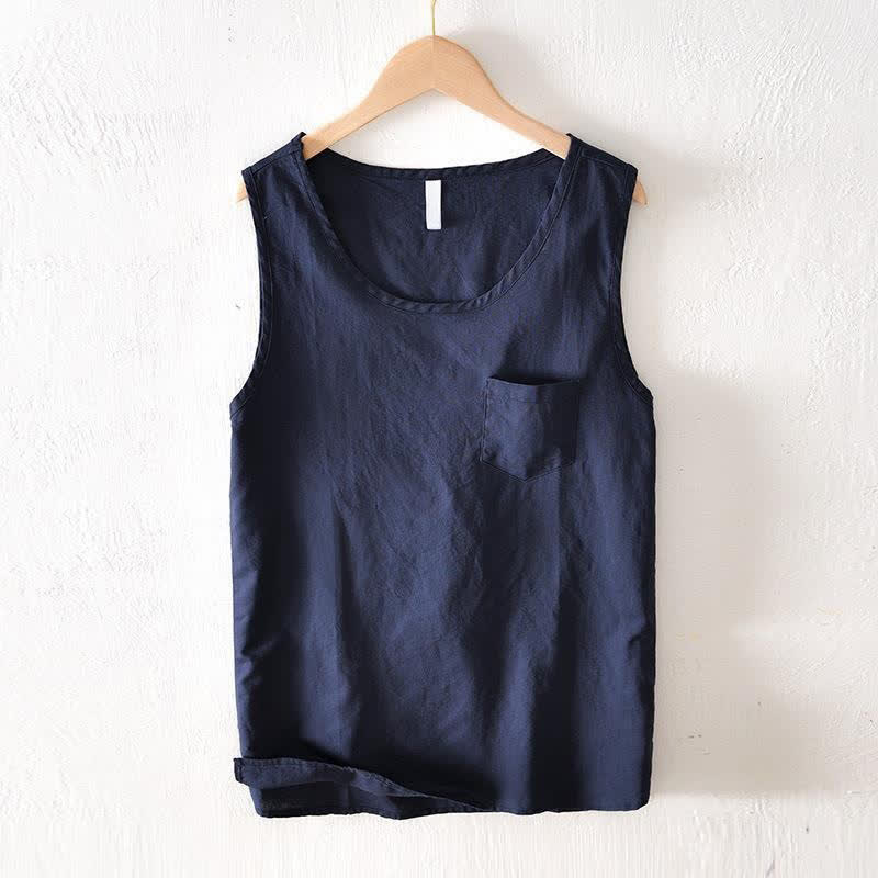 Buddha Stones Canotta da uomo estiva casual e minimalista a tinta unita, senza maniche, con tasca applicata. - Blu notte - US/UK/AU42, EU52 (3XL) - image 0