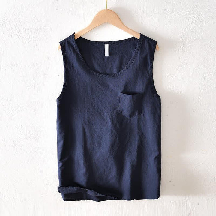 Buddha Stones Canotta da uomo estiva casual e minimalista a tinta unita, senza maniche, con tasca applicata. - Blu notte - US/UK/AU42, EU52 (3XL) - image 0