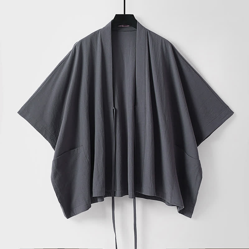 Buddha Stones Kimono da uomo estivo minimalista a maniche corte, tinta unita, con coulisse e lacci, con tasche. - image 1