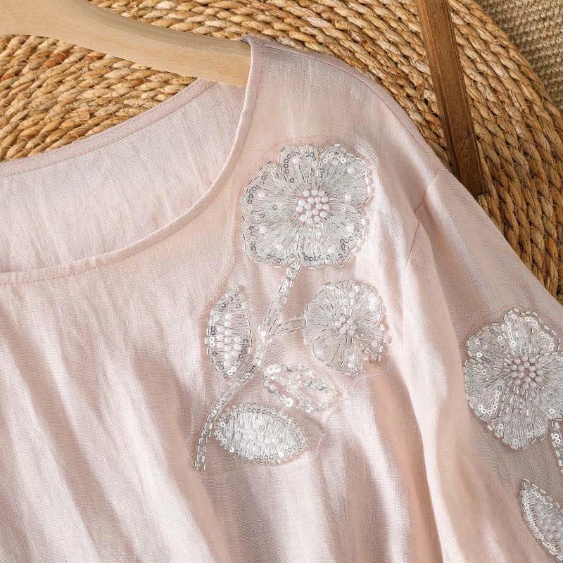 Buddha Stones T-shirt da donna a maniche lunghe, elegante e casual, con scollo rotondo e ricamo floreale bianco, ideale per l'estate. - image 2
