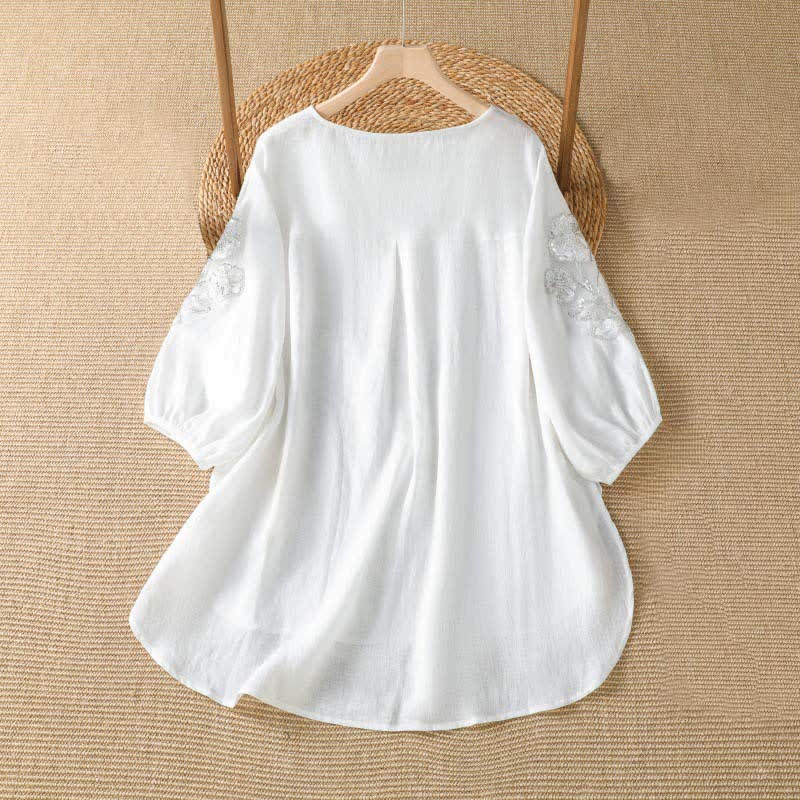 Buddha Stones T-shirt da donna a maniche lunghe, elegante e casual, con scollo rotondo e ricamo floreale bianco, ideale per l'estate. - image 7
