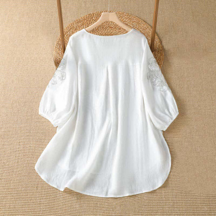 Buddha Stones T-shirt da donna a maniche lunghe, elegante e casual, con scollo rotondo e ricamo floreale bianco, ideale per l'estate. - image 7