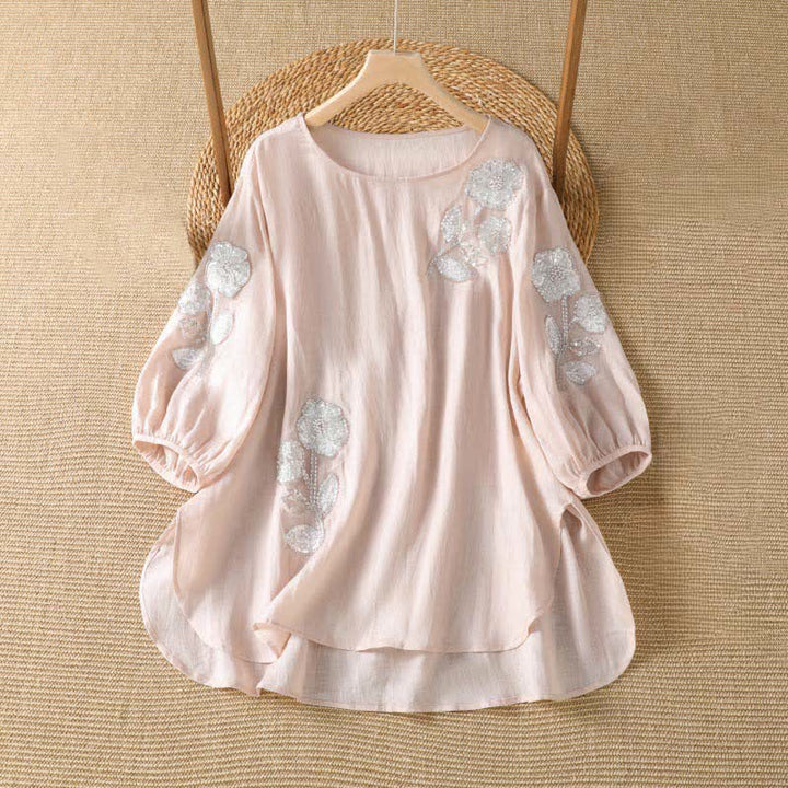 Buddha Stones T-shirt da donna a maniche lunghe, elegante e casual, con scollo rotondo e ricamo floreale bianco, ideale per l'estate. - Rosa Nebbiosa - US14, UK/AU18, EU46 (2XL) - image 0