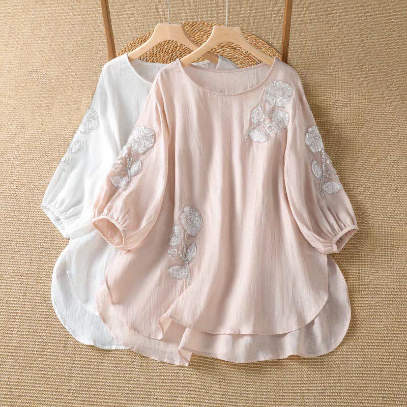 Buddha Stones T-shirt da donna a maniche lunghe, elegante e casual, con scollo rotondo e ricamo floreale bianco, ideale per l'estate. - image 8