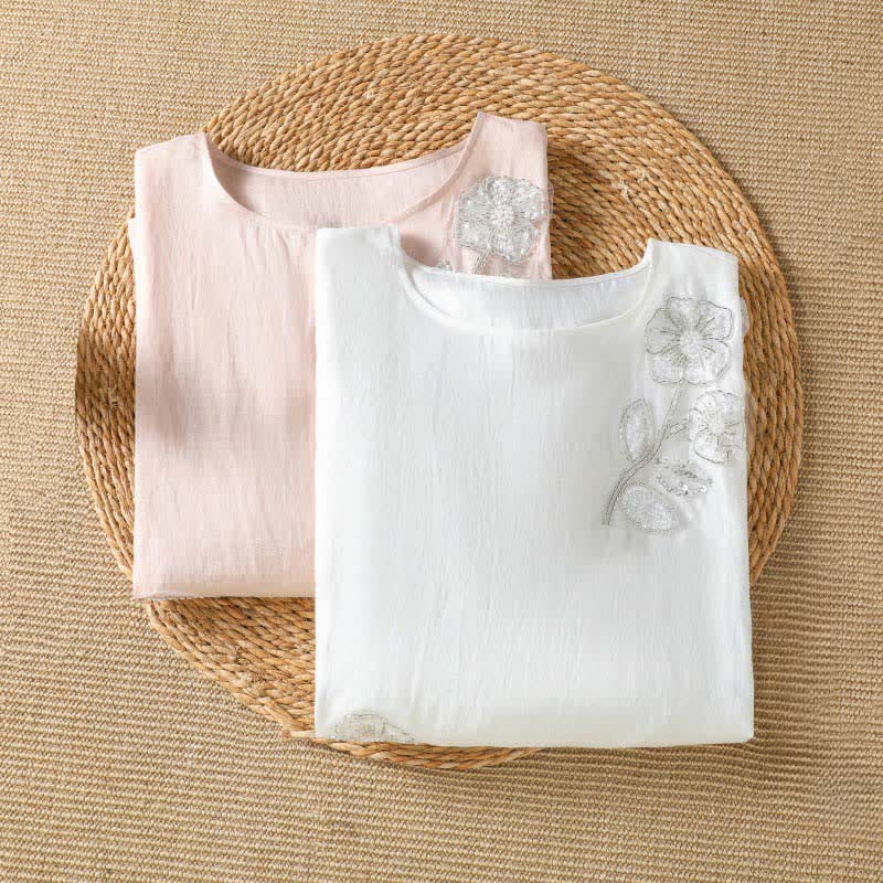 Buddha Stones T-shirt da donna a maniche lunghe, elegante e casual, con scollo rotondo e ricamo floreale bianco, ideale per l'estate. - image 9