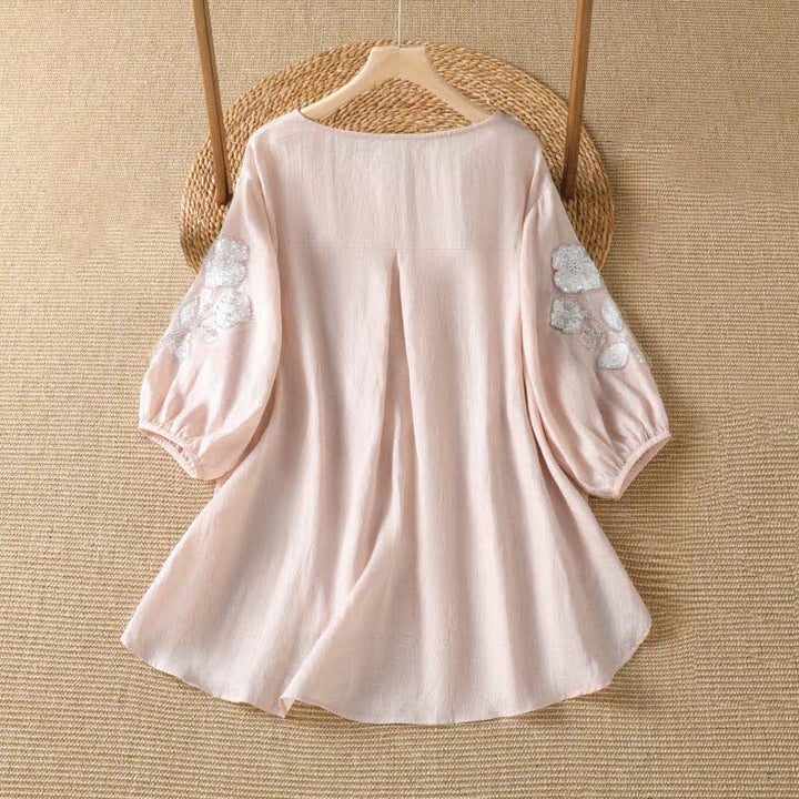Buddha Stones T-shirt da donna a maniche lunghe, elegante e casual, con scollo rotondo e ricamo floreale bianco, ideale per l'estate. - image 1