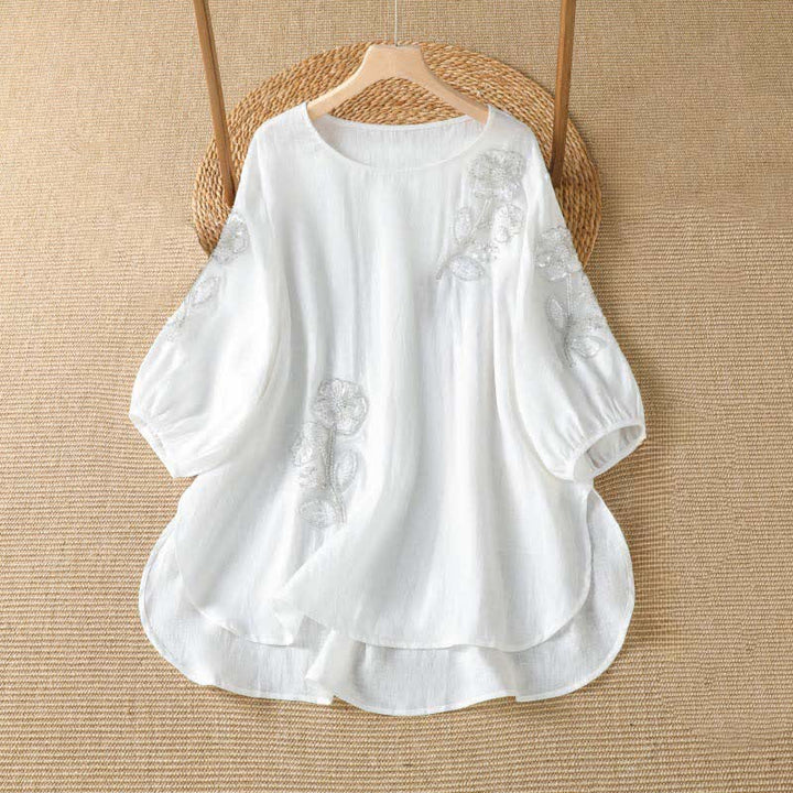 Buddha Stones T-shirt da donna a maniche lunghe, elegante e casual, con scollo rotondo e ricamo floreale bianco, ideale per l'estate. - Bianco - US14, UK/AU18, EU46 (2XL) - image 6