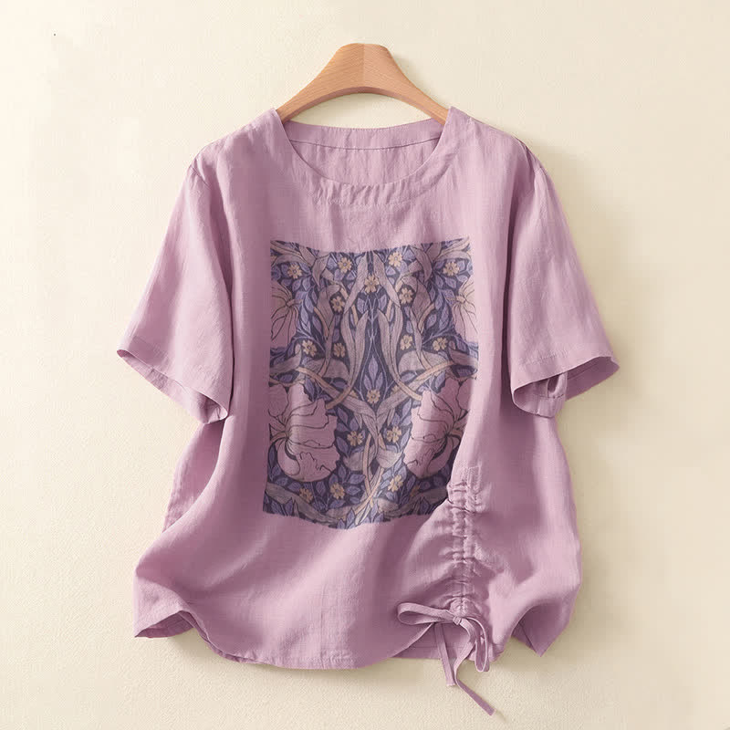 Buddha Stones T-shirt da donna a maniche corte, stile vintage, casual, con coulisse e stampa di fiori astratti, ideale per l'estate. - Prugna - US8-10, UK/AU12-14, EU40-42 (2XL) - image 0