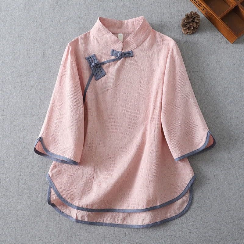 Buddha Stones Camicia da donna a maniche corte, stile Summer Tang, minimalista, con colletto alla coreana e bottoni a rana, tinta unita. - Rosa - US12, UK/AU16, EU44 (3XL) - image 1