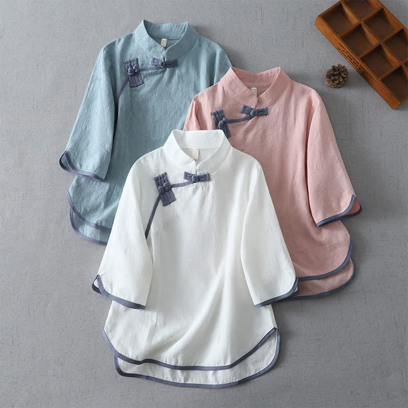 Buddha Stones Camicia da donna a maniche corte, stile Summer Tang, minimalista, con colletto alla coreana e bottoni a rana, tinta unita. - image 0