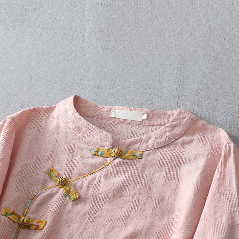 Buddha Stones Camicia da donna a maniche a tre quarti, stile estivo Tang, casual, con bottoni a rana, tinta unita. - image 1