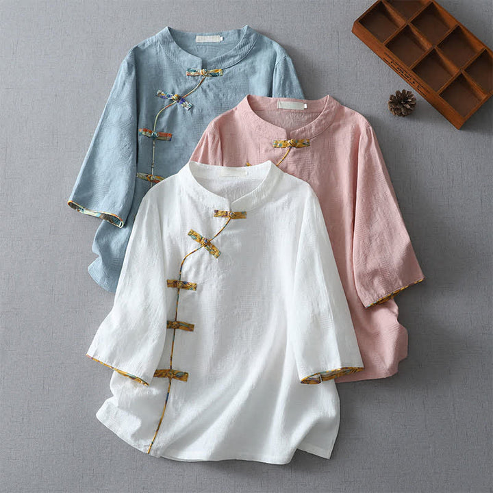 Buddha Stones Camicia da donna a maniche a tre quarti, stile estivo Tang, casual, con bottoni a rana, tinta unita. - image 16
